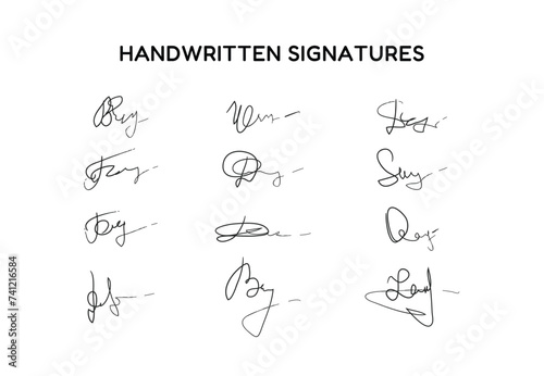 Fictitious autograph set. Handwritten fake signature collection. Lettering for business, signing of documents, certificates and contracts. Signature in black pen color.