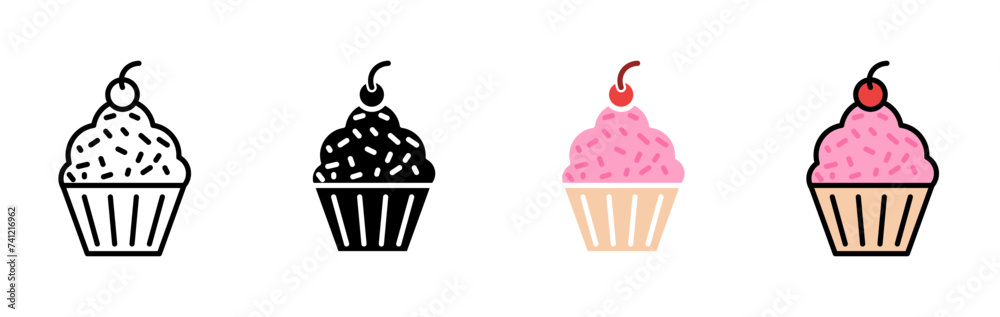 Cupcake Vector Illustration Set. Strawberry Cream with Cherry Delight Sign Suitable for Apps and Websites UI Design.
