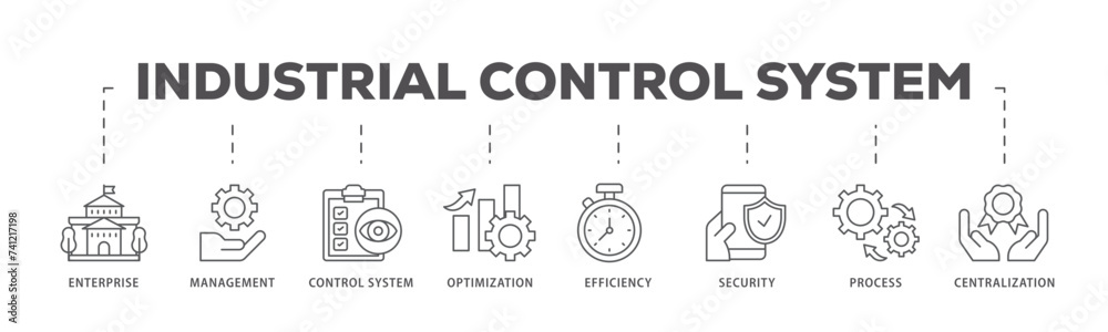 Industrial control system icons process flow web banner illustration of ...