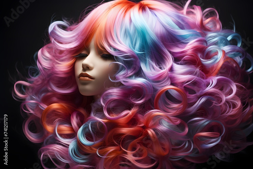 Women's Rainbow Wig. Iridescent and Glossy Wavy Women's Hair photo