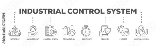 Industrial control system icons process flow web banner illustration of enterprise, management, control system, optimization, efficiency icon live stroke and easy to edit 