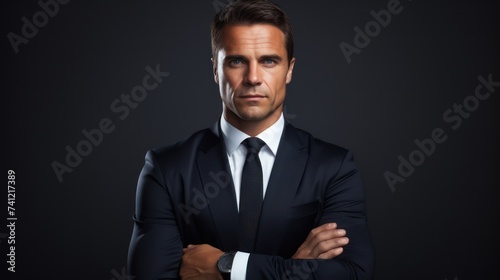 portrait of a businessman with arms crossed isolated on gray background