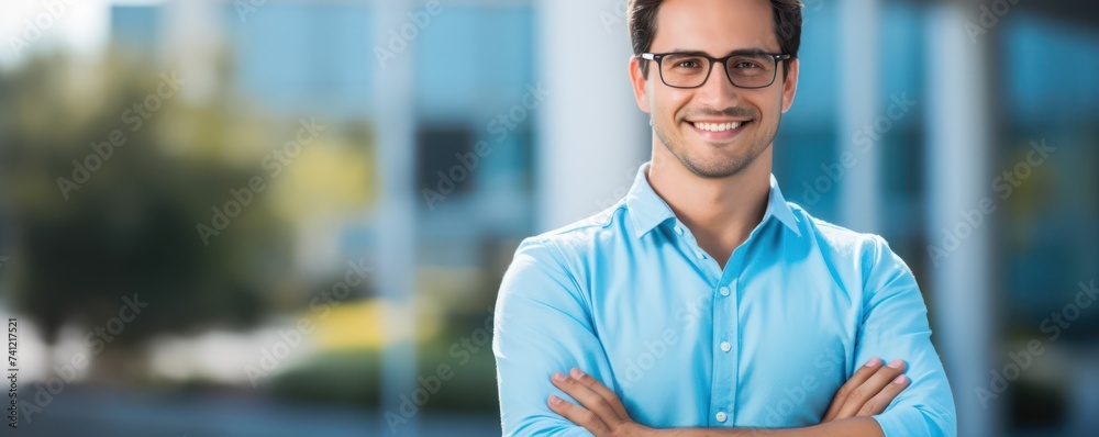 Young man wearing blue shirt and glasses, looking at camera with positive confident smile, holding arms crossed, isolated on blue background - obrazy, fototapety, plakaty 