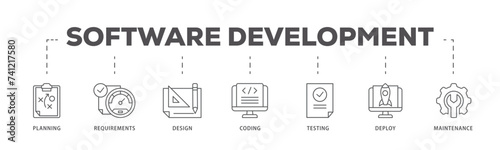 Software development icons process flow web banner illustration of planning, requirements, design, coding, testing, deploy and maintenance icon live stroke and easy to edit 