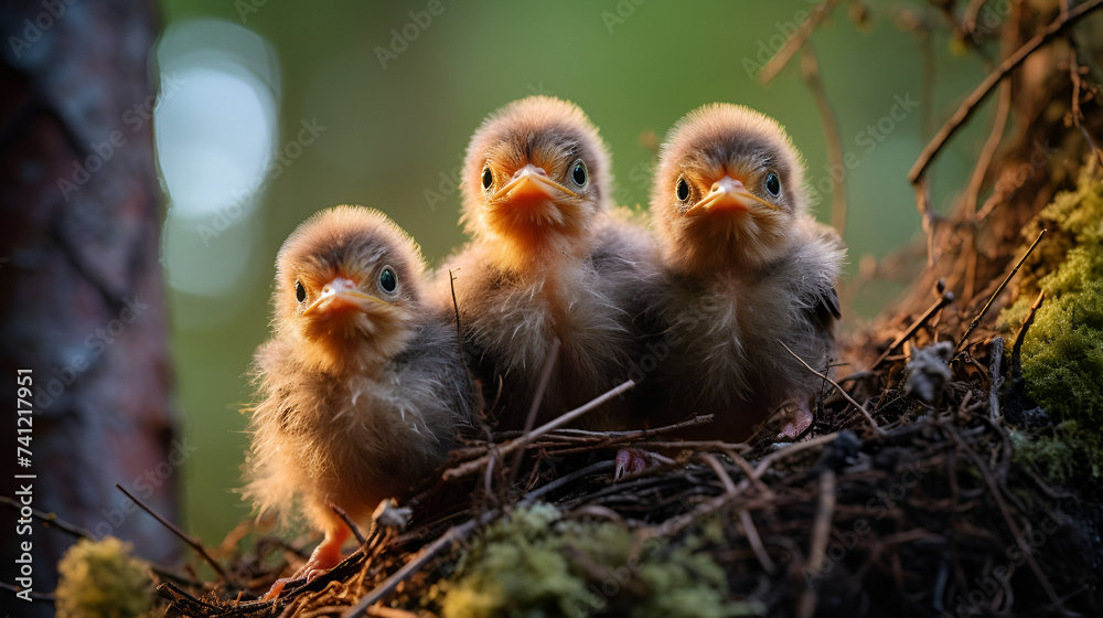 Photograph of birds in their nests with chicks,birdwatching, ornithology, habitat, biodiversity, conservation, ecological, 