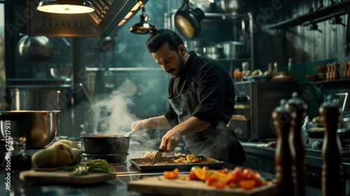 Culinary Artist at Work. Chef Seasoning Dish Amidst Kitchen Steam