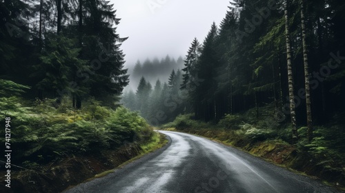 Empty rural road passing by forest on foggy day