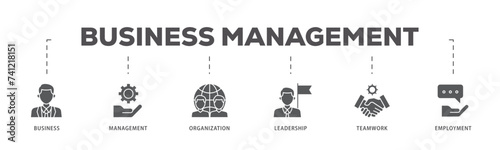 Business management icons process flow web banner illustration of business, management, organization, leadership, teamwork and employment icon live stroke and easy to edit 