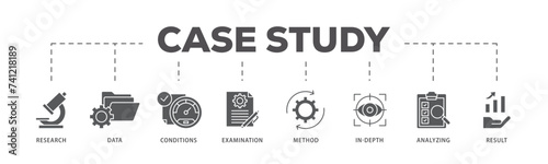 Case study icons process flow web banner illustration of research, data, conditions, examination, method, in depth, analyzing, and result icon live stroke and easy to edit 