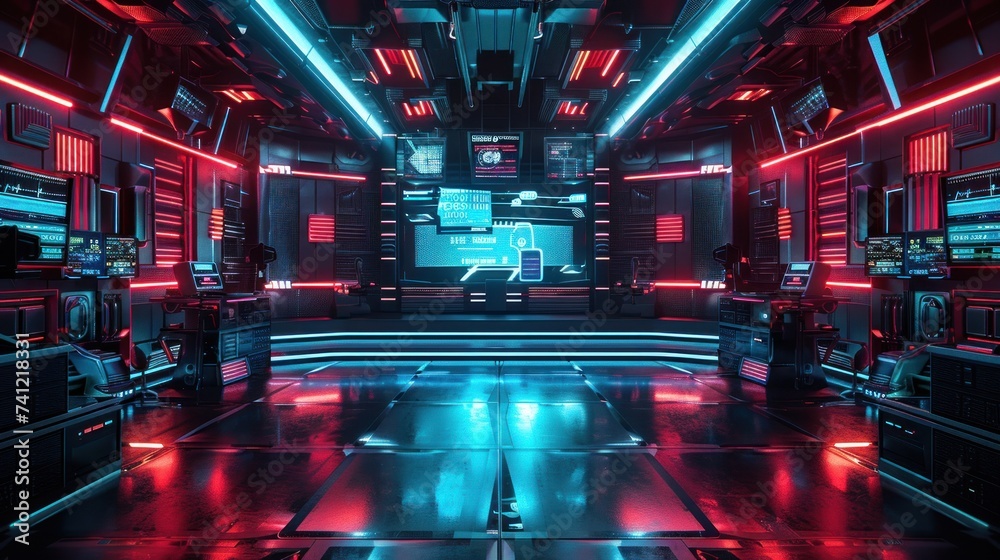A modern TV studio or game show is lit up with neon lights and a futuristic design. Ready for the next live broadcast - obrazy, fototapety, plakaty 