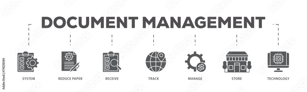 Obraz premium Document management icons process flow web banner illustration of system, reduce paper, receive, track, manage, store, cloud and technology icon live stroke and easy to edit