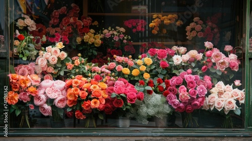 A quaint flower shop window overflows with lush, beautifully arranged bouquets of roses, inviting passersby to admire the natural beauty and fragrance photo