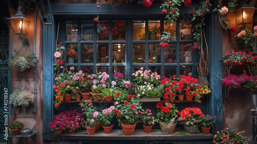 A quaint flower shop window overflows with lush  beautifully arranged bouquets of roses  inviting passersby to admire the natural beauty and fragrance