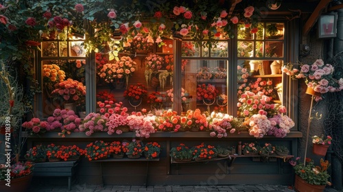 A quaint flower shop window overflows with lush, beautifully arranged bouquets of roses, inviting passersby to admire the natural beauty and fragrance