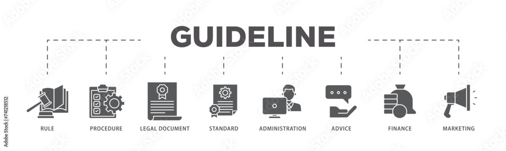 Guideline icons process flow web banner illustration of rule, procedure, legal document, standard, administration, advice, finance, marketing icon live stroke and easy to edit Guideline icons process flow web banner illustration of rule, procedure, legal document, standard, administration, advice, finance, marketing icon live stroke and easy to edit