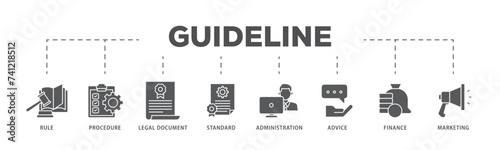 Guideline icons process flow web banner illustration of rule, procedure, legal document, standard, administration, advice, finance, marketing icon live stroke and easy to edit 