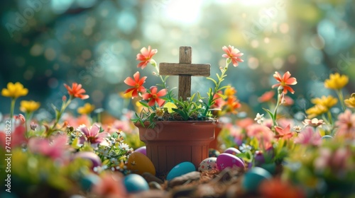 A lively DIY resurrection scene for Easter with a cross in a terracotta pot surrounded by spring flowers and colorful eggs.