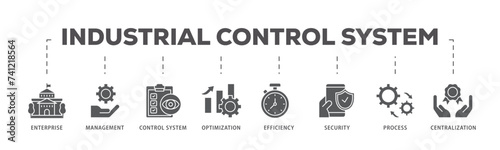 Industrial control system icons process flow web banner illustration of enterprise, management, control system, optimization, efficiency icon live stroke and easy to edit 