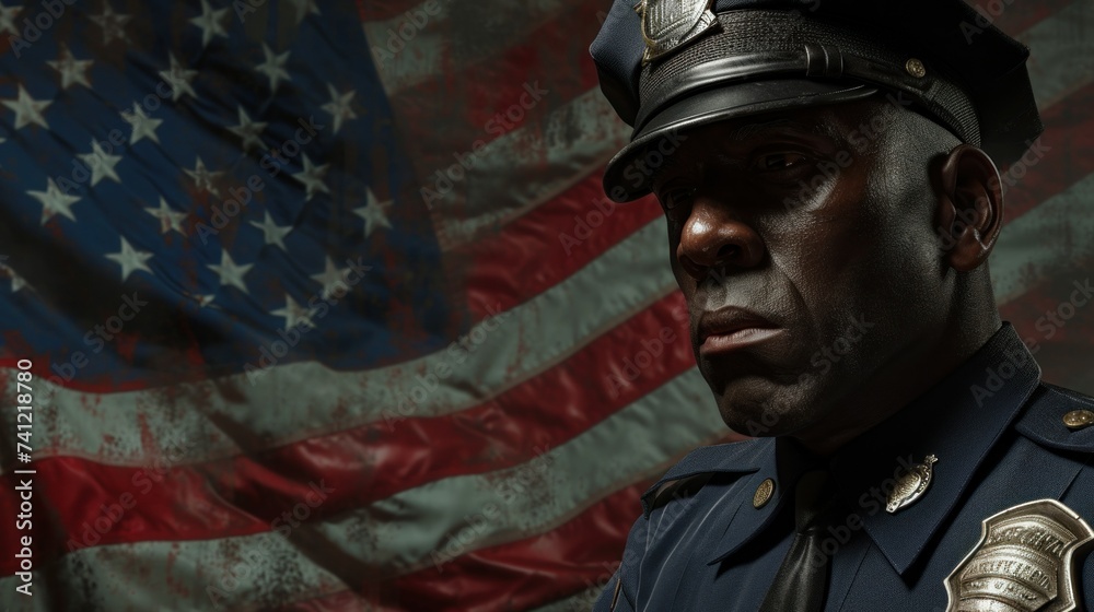 American policeman, background is USA flag American policeman, background is USA flag