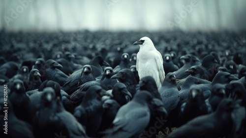 Stand out from the crowd concept, with white crow in large group of black crows photo