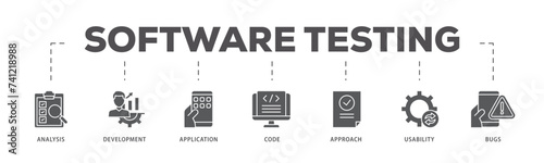 Software testing icons process flow web banner illustration of bugs, code, usability, approach, application, development, analysis icon live stroke and easy to edit 