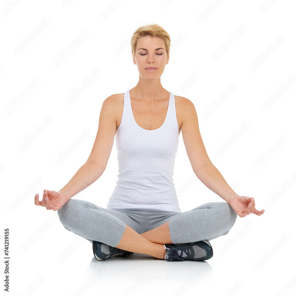 Woman, lotus pose with yoga and meditation in studio with mindfulness and peace of mind on white background. Exercise, wellness and health with chakra balance for holistic healing, spiritual and zen Woman, lotus pose with yoga and meditation in studio with mindfulness and peace of mind on white background. Exercise, wellness and health with chakra balance for holistic healing, spiritual and zen