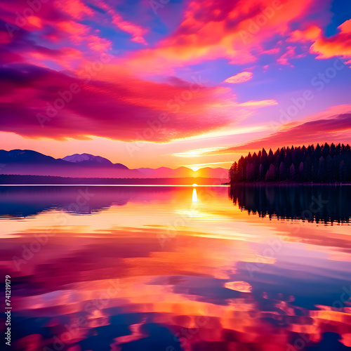 A fiery sunrise over a tranquil lake