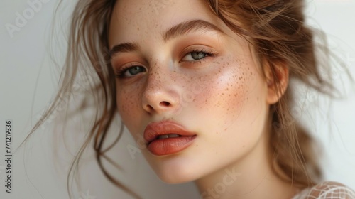 Youth and skin care concept. Highly-detailed close up portrait of pretty teenage girl with perfect clean freckled skin and green eyes looking at the camera