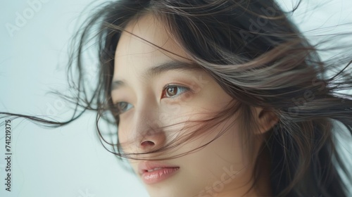 Beautiful Asian woman reveals flawless skin and long flowing hair in striking photo