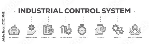 Industrial control system icons process flow web banner illustration of enterprise, management, control system, optimization, efficiency icon live stroke and easy to edit 