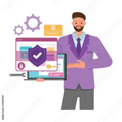 Web security illustration concept. Office man holding laptop and show protection system. Business people character vector design. 