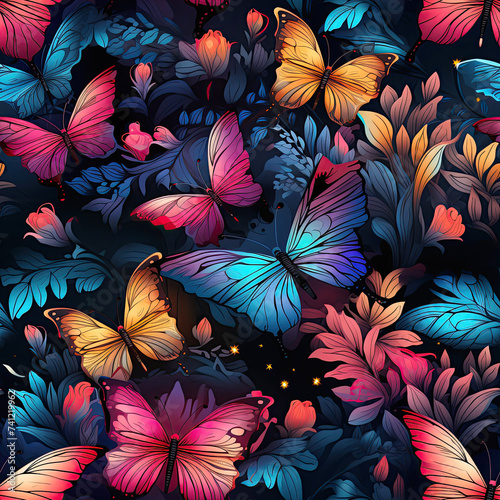 seamless pattern with bright multicolored butterflies and flowers on black neon rainbow background for print on fabric and textiles
