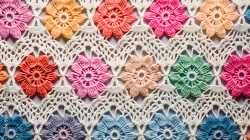 crocheted floral background with an off-white primary color photo
