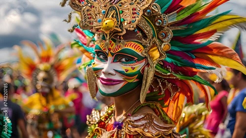 Slow motion portrait of a beautiful Filipino woman in costume for the Masskara festival in Bacolod photo
