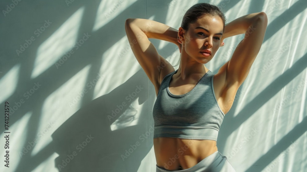 Fototapeta premium Portrait of young fitness woman flexing muscles. Female model in sportswear showing her muscles