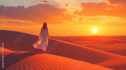 Walking in Desert Fashionable Woman Model in Evening Dress
