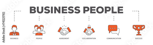Business people icons process flow web banner illustration of business, people, agreement, collaboration, communication and success icon live stroke and easy to edit 