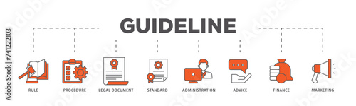 Guideline icons process flow web banner illustration of rule, procedure, legal document, standard, administration, advice, finance, marketing icon live stroke and easy to edit 