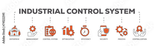 Industrial control system icons process flow web banner illustration of enterprise, management, control system, optimization, efficiency icon live stroke and easy to edit 