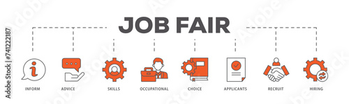 Job fair icons process flow web banner illustration of the information, advice, skills, occupational, applicants, recruit, and hiring icon live stroke and easy to edit 