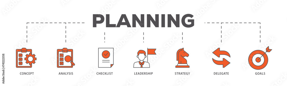 Planning icons process flow web banner illustration of concept, analysis, checklist, leadership, strategy, delegate and goals icon live stroke and easy to edit Planning icons process flow web banner illustration of concept, analysis, checklist, leadership, strategy, delegate and goals icon live stroke and easy to edit