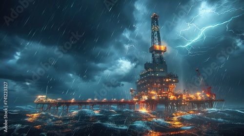 An oil rig or gas rig during a storm.