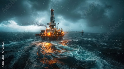 An oil rig or gas rig during a storm. © sirisakboakaew