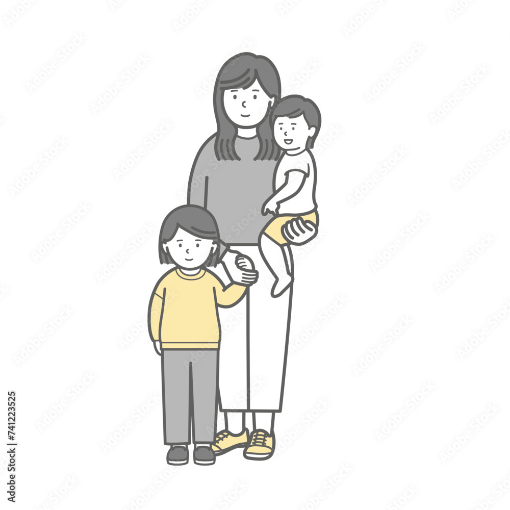 小さい子供2人と若い女性、母親の全身イラスト 小さい子供2人と若い女性、母親の全身イラスト