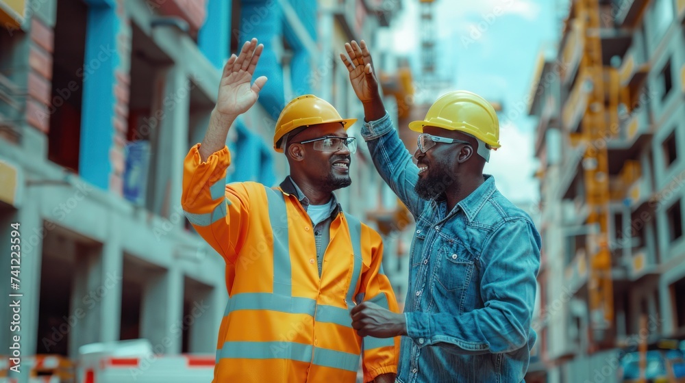 Two successful civil engineers in high school at a construction site. Black and white employees walk together Two successful civil engineers in high school at a construction site. Black and white employees walk together