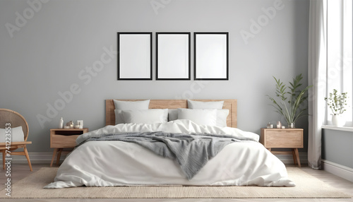 Mock-up-frame-in-bed-room-interior-background--3D-render, mockup in bedroom with bed © MdSaifur