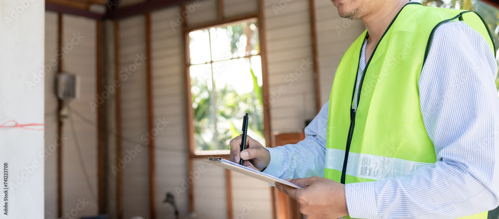inspector or engineer is inspecting construction and quality assurance new house using a checklist. Engineers or architects or contactor work to build the house before handing it over to the homeowner inspector or engineer is inspecting construction and quality assurance new house using a checklist. Engineers or architects or contactor work to build the house before handing it over to the homeowner