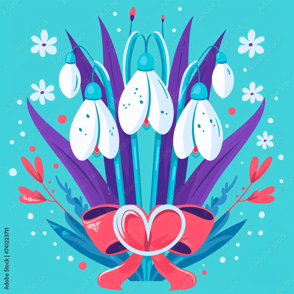 Snowdrop flowers with red ribbon bow on blue background. Floral spring background. International Women's Day, Valentine's Day, Martisor concept. Greeting card, banner, poster, invitation template 