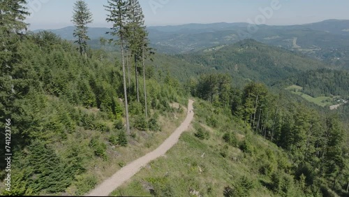 Wisla woodland mountain trail aerial view overlooking lish vibrant Stozek-mountain forest landscape photo