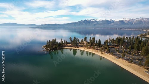 Sand Harbor, Lake Tahoe Nevada USA, Aerial View of Scenic Landscape, Beach and Calm Water photo